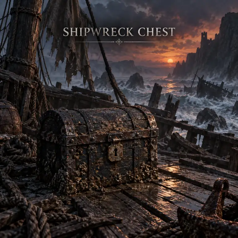 Editorial concept of a Gothic Remake shipwreck chest on a dark wreck deck
