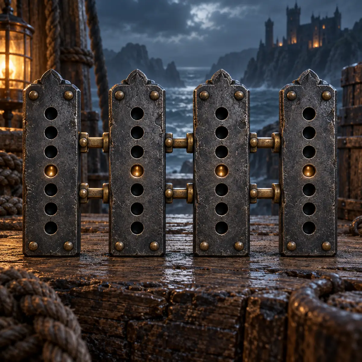 Concept illustration of linked iron lock plates on ship timber; not an in-game screenshot or exact plate-count reference
